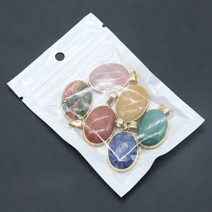Set of 6 natural oval agate crystal stone pendants with gold plating in OPP bag