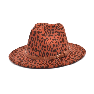 Orange leopard print fedora wool hat with brown leather studded band for women