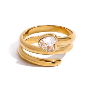 Double-layered gold stainless steel wrap ring featuring a clear heart-shaped zircon stone
