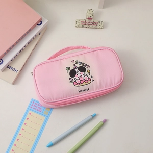Pink dog pencil case with large capacity and hand strap for stationery and cosmetics