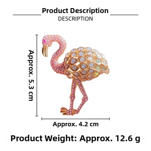 Detailed dimensions of pink flamingo brooch with alloy base and crystal rhinestones