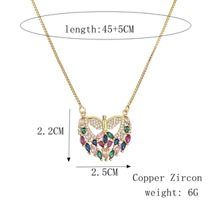 Detailed size specifications for the zircon butterfly pendant necklace and box chain