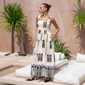 Boho printed sundress for women with black vintage patterns on cream white fabric