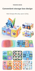 Educational baby tissue box toy with colorful cloth tissues featuring numbers and animals