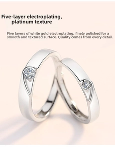 Detail of S925 silver couple rings with five-layer platinum plating and cubic zirconia
