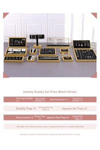 Detail view of 15-piece black velvet jewelry display stand set with gold trim for counters