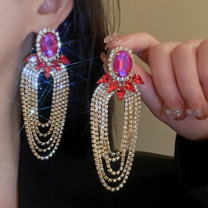 Elegant long tassel earrings with rose red oval gems and sparkling rhinestone fringe