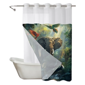 Waffle elephant print shower curtain with tropical parrots for bathroom decor
