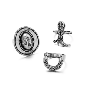 Set di 3 anelli vintage stile western con stivali da cowboy, ferro di cavallo e motivi