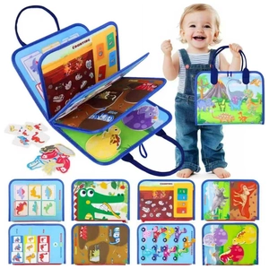 Detail view of foldable dinosaur toddler busy board featuring counting and puzzle sections