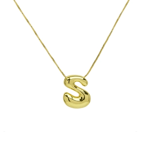 Detail of 18K gold letter S bubble pendant with stainless steel box chain necklace