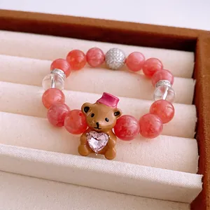 Bracelet Perles Doux Pour Femmes Verre Pierre Naturelle Zircon Cuivre Pendentif Ours Brun Coeur Accessoire Mode