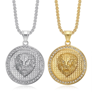 Hip Hop Titanstahl Löwenkopf Anhänger Halskette Für Herren Damen Gold Silber Galvanisiert Strass Tier Medaillon Schmuck