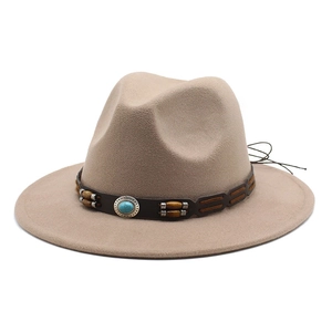 Khaki wide brim wool fedora hat with turquoise and wood bead bohemian decorative band