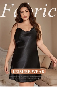 Detail showing the elegant cowl neck and glossy black satin fabric of the plus size nightgown