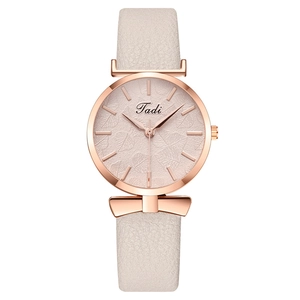 Fashion Women Quartz Watch Rose Gold Metal Case Faux Leather Strap Leaf Pattern Dial Bow Tie Decor Elegant Wristwatch