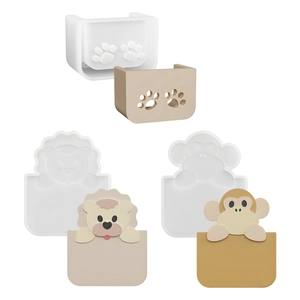Detail of animal-shaped silicone molds showing cat paw and lion patterns for DIY crafts