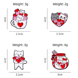 Creative cartoon cat enamel pins set featuring pink hearts and coffee cup motifs