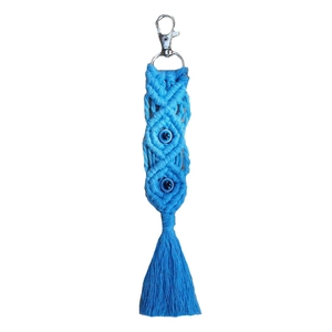 Bohemian blue woven evil eye wall hanging with colorful cotton tassels and metal hook