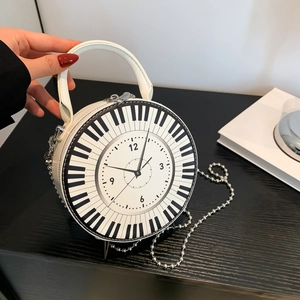 Creative Circular Crossbody Bag PU Leather Clock Piano Print Handheld Chain Strap Novelty Fashion Women