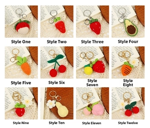 Collage of 12 handmade crochet fruit and vegetable keychains in assorted styles