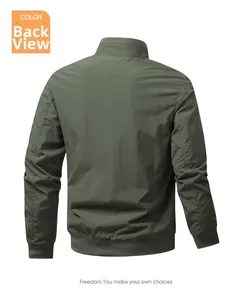 Rear view of army green bomber jacket with ribbed collar and windproof fabric