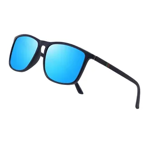 Classic polarized sports sunglasses with square frames and blue mirror lenses for outdoor use