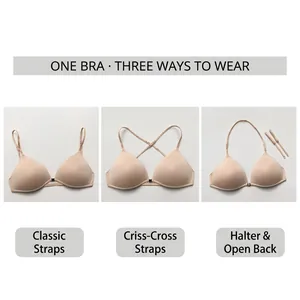 Three-way nude triangle bra with front closure and versatile multi-way convertible straps