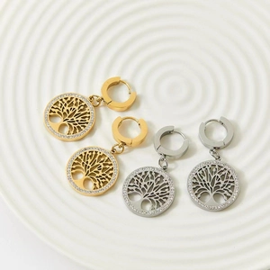 Pendientes Árbol de la Vida de acero de titanio con circonitas brillantes en oro y plata
