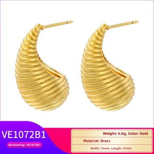 Detail view of gold ribbed teardrop earrings in brass with dimensions and weight info