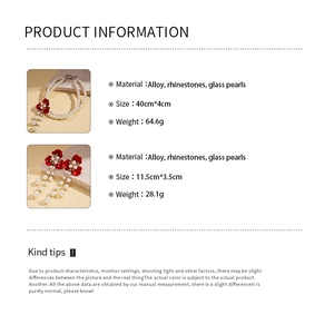 Detailed size and weight specs for vintage red flower and pearl necklace set