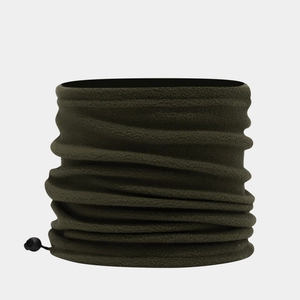 Detailed view of dark green fleece neck warmer with adjustable drawstring and toggle