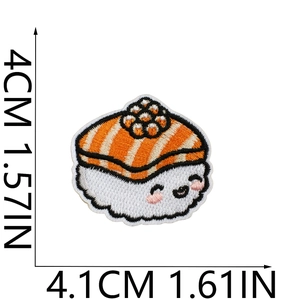 Detail showing cartoon salmon sushi embroidery patch with dimensions 4cm by 4.1cm