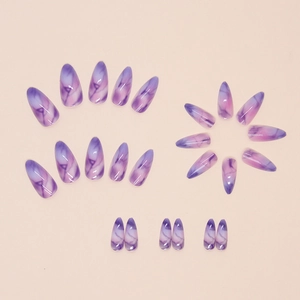 Purple marble textured almond press on nails with glossy finish set of 24 pieces