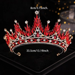 Detail view of gold bridal crown with red crystals and dimensions 8cm height and 33.5cm length