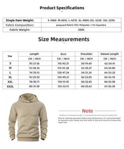 Detailed size chart for men's jacquard hoodie including dimensions in CM and INCH