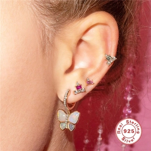 S925 sterling silver butterfly fringe earrings with colorful gemstone studs for women