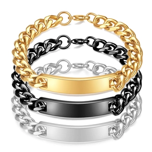 Men Cuban Link ID Bracelet Stainless Steel Minimalist Polished Rectangular Plate Jewelry Fashion Commute Accessory