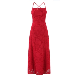 Robe Longue Sexy En Jacquard Rouge À Bretelles Spaghetti Dos Nu Croisé Taille Haute Robe De Soirée Élégante Pour Femmes