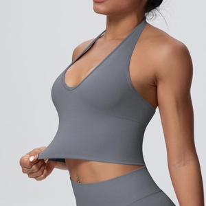 Detail showing the high elasticity of the ribbed hem on this ribbed yoga halter bra