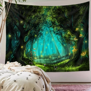Detail showing the hemmed edge and soft polyester fabric of the forest mushroom tapestry