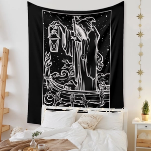 Detail of Bohemian tarot tapestry featuring IX The Hermit illustration for wall decor