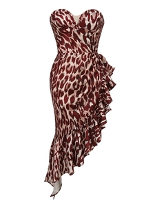Detail of red-brown leopard print dress featuring sweetheart neckline and ruffled hem