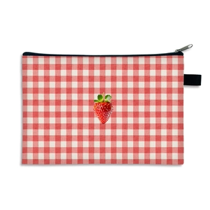 Waterproof large red plaid makeup bag with strawberry print and black zipper closure
