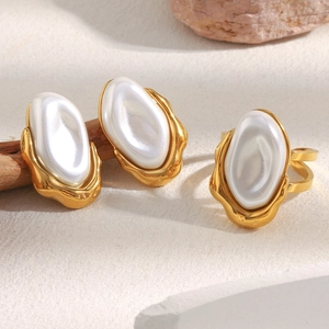Baroque Imitation Artificial Pearl Earrings And Open Ring 18K Gold Plated Stainless Steel Retro Elegant Accessories For Women