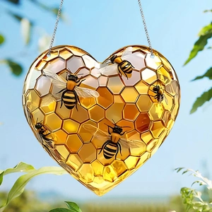 Heart Shaped Bee Honeycomb Hanging Ornament Acrylic Amber Gold Suncatcher For Home Window Garden Wall Decoration