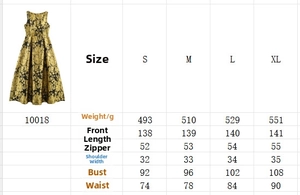 Tabla de tallas con medidas para este elegante vestido largo sin mangas de jacquard floral