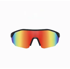 Detail of black semi-rimless cycling sunglasses with orange gradient mirror lenses