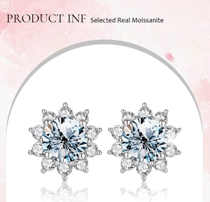 Close-up of S925 silver sunflower moissanite studs with sparkling round cut center stones
