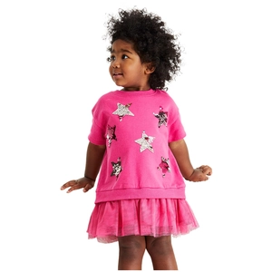 Girls Short Sleeve Dress Cotton Sequin Star Mesh Tulle Tutu Princess Party Outfit For Toddler Kids Hot Pink